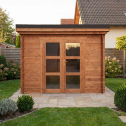 Abri de jardin toit plat 9m² PENTY - madriers 28mm traité - tuiles métalliques - Gardy Shelter