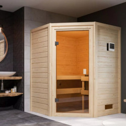 Sauna traditionnel d’angle Antonia 2 à 3 places 38mm - poêle 9KW ctrl externe - sans couronne lumineuse - Woodfeeling
