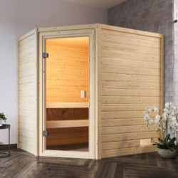 Sauna traditionnel d’angle Jella 2 à 3 places 38mm - poêle 9KW ctrl intégré - sans couronne lumineuse - Woodfeeling
