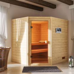 Sauna traditionnel d’angle Elea 3 à 4 places 38mm - poêle Easy Bio 9000W - sans couronne - Karibu