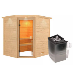 Sauna traditionnel d’angle Elea 3 à 4 places 38mm - poêle 9KW ctrl intégré - avec  couronne - Karibu