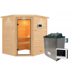 Sauna traditionnel d’angle Elea 3 à 4 places 38mm - poêle 9KW ctrl externe - avec couronne - Karibu