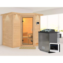Sauna traditionnel 38mm 4 à 5 places Sahib 1 - poêle Easy Bio 9000W - couronne et porte en verre clair KARIBU