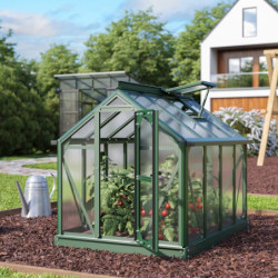 Mini-serre Merlin 0,83m² en alu émeraude et PC 4mm – fondation en acier – Vitavia