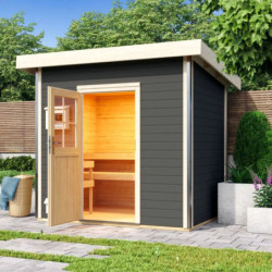 Sauna d'extérieur Norge anthracite - bois massif 38mm porte classique - poêle 9KW ctrl externe - 6 à 8 places Karibu