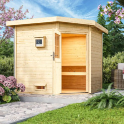Sauna d’extérieur d’angle en bois Mikka - 5 à 6 places 38mm - poêle 9KW ctrl externe - porte classique - KARIBU
