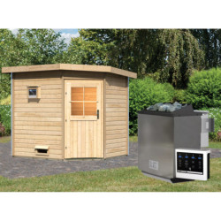 Sauna d’extérieur d’angle en bois Mikka - 5 à 6 places 38mm - poêle Easy Bio 9000W - porte classique - KARIBU