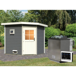 Sauna d’extérieur d’angle en bois Mikka anthracite - 5 à 6 places 38mm - poêle Easy Bio 9000W - porte classique - KARIBU