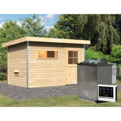 Sauna d'extérieur SKROLLAN 1 en bois massif 38mm 4 à 6 places - poêle Easy Bio 9000W - porte classique KARIBU