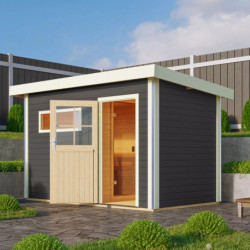 Sauna d'extérieur SKROLLAN 1 anthracite en bois massif 38mm 4 à 6 places - poêle 9KW ctrl externe - porte classique KARIBU