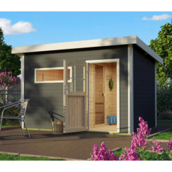 Sauna d'extérieur SKROLLAN 2 anthracite 38mm 4 à 6 places - poêle Easy Bio 9000W - porte classique et vestibule - KARIBU