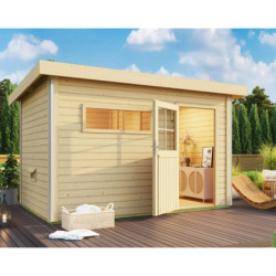 Sauna d’extérieur Skrollan 3 - porte classique et vestibule - poêle Easy Bio 9000W - 6 à 8 places 38mm KARIBU