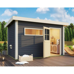 Sauna d’extérieur Skrollan 3 anthracite - porte classique et vestibule - poêle 9KW ctrl externe - 6 à 8 places 38mm KARIBU