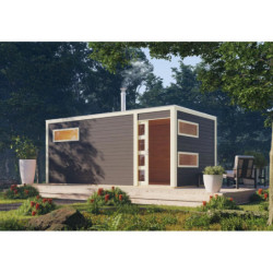 Sauna extérieur Hygge bois laqué gris avec vestibule et trois fenêtres 6 à 8 places 38mm - poêle à bois - KARIBU