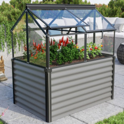 Mini-serre Gaia Jumbo en alu noir/granite et verre 3mm – avec potager élevé – Vitavia