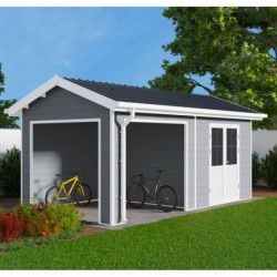 Abri de jardin + terrasse en bois composite 28mm gris clair 15m² PREMIUM - Woodlife Garden