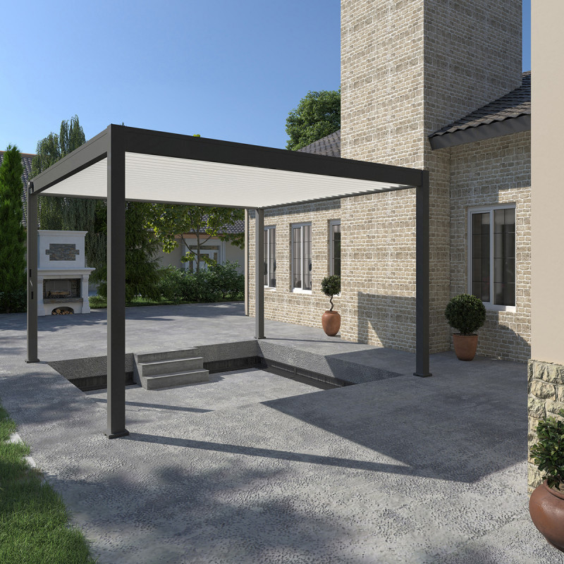 Pergola bioclimatique autoportante en alu anthracite - lames blanches - 4x4m Ombrea