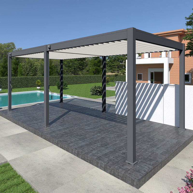 Pergola bioclimatique autoportante en alu anthracite - lames blanches - 3x6m Ombrea