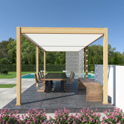 Pergola bioclimatique autoportante en alu imitation bois - lames blanches - 3x6m Ombrea	