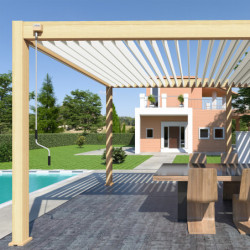 Pergola bioclimatique autoportante en alu imitation bois - lames blanches - 3x6m Ombrea	