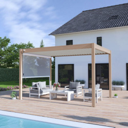Pergola bioclimatique autoportante en alu beige 3x4m + store blanc 4m Ombrea