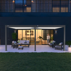 Pergola bioclimatique adossée en alu gris anthracite - lames blanches 4x6m + 2 stores 3m blanc Ombrea