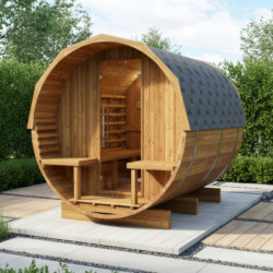 Sauna d'extérieur Tonneau en bois thermo-traité 4 à 6 places + poêle 9KW + shingles inclus - SNÖ