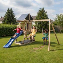 Aire de jeux en bois thermo traité POUET-POUET avec 2 balançoires et 1 toboggan - Abracadaprout