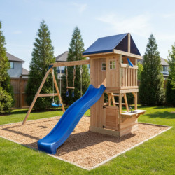 Aire de jeux en bois thermo traité MAMMOUTH avec 2 balançoires , 1 trapèze et 1 toboggan - Abracadaprout