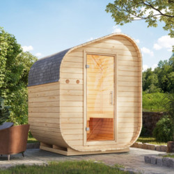 Sauna Tonneau asymétrique 1 - 1 à 2 places - 38mm - poêle 9KW ctrl intégré - KARIBU