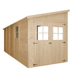 Abri de jardin adossé en panneaux 17mm - 201x493cm - avec plancher - Timbela
