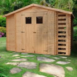 Abri de jardin 6m² avec bûcher - madriers 19mm - avec plancher - Timbela	
