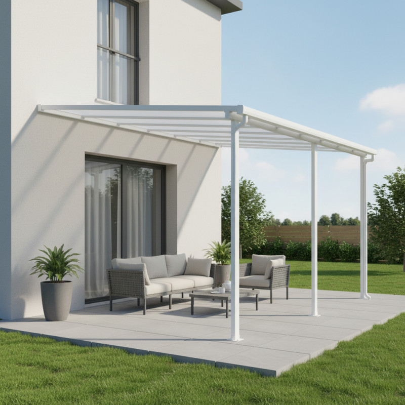 Pergola adossée ajustable - toit de terrasse en alu laqué blanc 400x434cm X-METAL