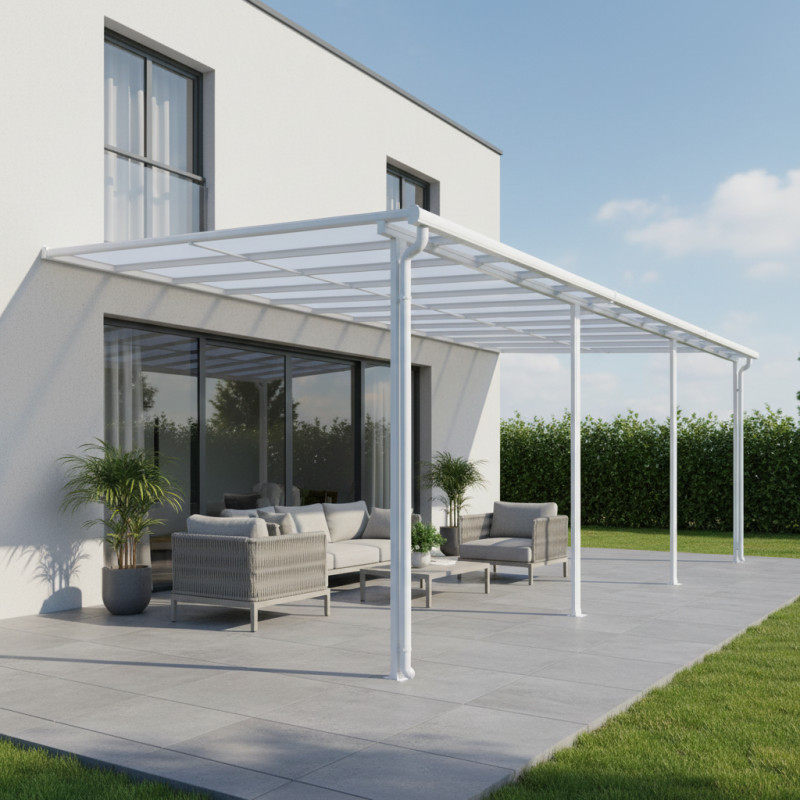 Pergola adossée ajustable en aluminium blanc - profondeur 400cm x longueur 985cm - X-METAL