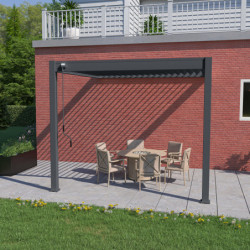 Pergola bioclimatique adossée en alu anthracite 3x3m - store latéral en option - Ombrea VS