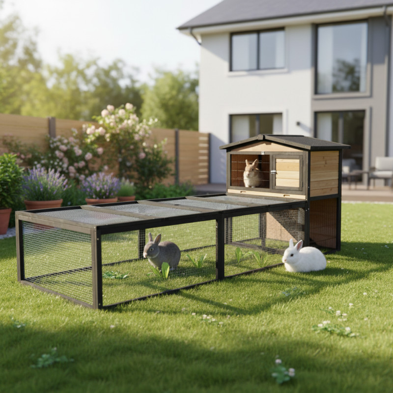 Clapier d'extérieur en bois FSC thermo-traité 101x55x100cm + extension grillagée - Shelty Pet