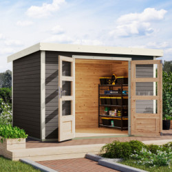 Abri de jardin en bois gris terre 19mm - acier blanc - 6,4m² Jupiter 4B – Karibu