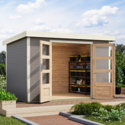 Abri de jardin en bois gris clair 19mm - acier blanc - 6,4m² Jupiter 4D – Karibu