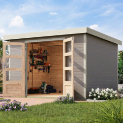 Abri de jardin en bois gris clair 19mm - acier blanc - 7,2m² Jupiter 5B – Karibu