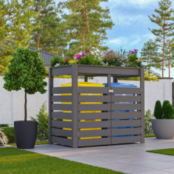 Cache poubelle en bois gris terre - 2x240L - bac à plantes intégré de 110L - Karibu