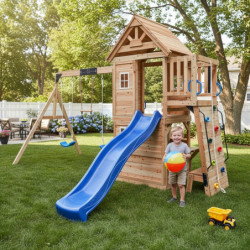 Aire de jeux en bois thermo traité BISON avec 2 balançoires , 1 trapèze et 1 toboggan - Abracadaprout