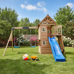 Aire de jeux en bois thermo traité BISON avec 2 balançoires , 1 trapèze et 1 toboggan - Abracadaprout