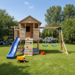 Aire de jeux en bois thermo traité BUFFALO avec 2 balançoires , 1 trapèze et 1 toboggan - Abracadaprout