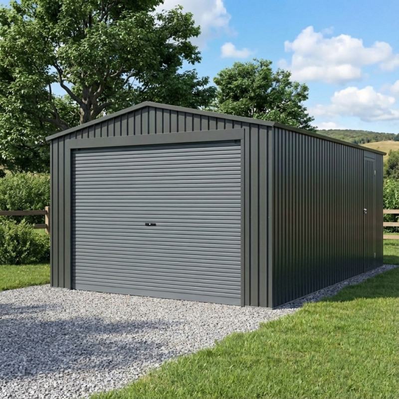 Garage métal anthracite 17,31m² porte enroulable anthracite + kit d'ancrage X-METAL
