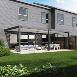 Pergola bioclimatique adossée en alu gris anthracite - lames blanches - 4x8m Ombrea VS