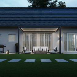 Pergola bioclimatique adossée en alu anthracite - lames blanches 3x4m - motorisée - ELMO Ombrea