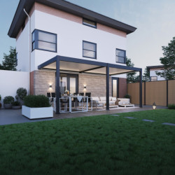 Pergola bioclimatique adossée en alu anthracite - lames blanches 3x6m - motorisée - ELMO Ombrea