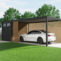 Carport simple 15m² en aluminium anthracite et toit en acier avec abri de 6m² - Ombrea