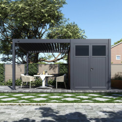 Pergola bioclimatique autoportante en alu anthracite 3x3m + abri 6m² - Ombrea VS