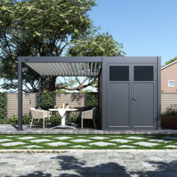 Pergola bioclimatique autoportante en alu anthracite - lames blanches - 3x3m + abri 6m² - Ombrea VS